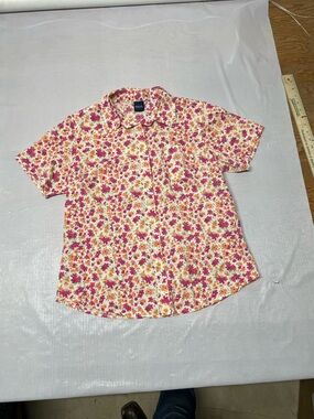Basic Editions Floral Button-Down Shirt in White, Pink & Orange